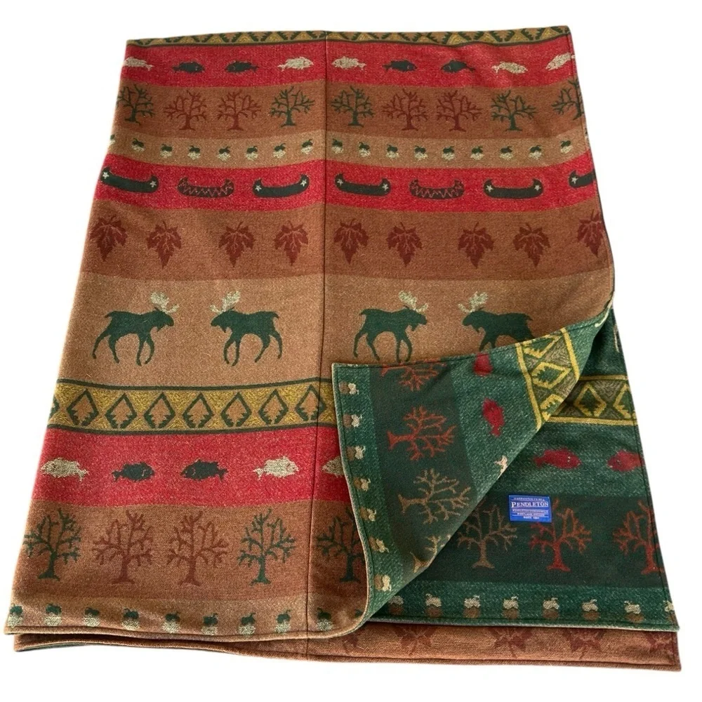 Pendleton Moose Lodge Cabin 100% Wool Reversible Duvet Cover Canoes Fish Leaves